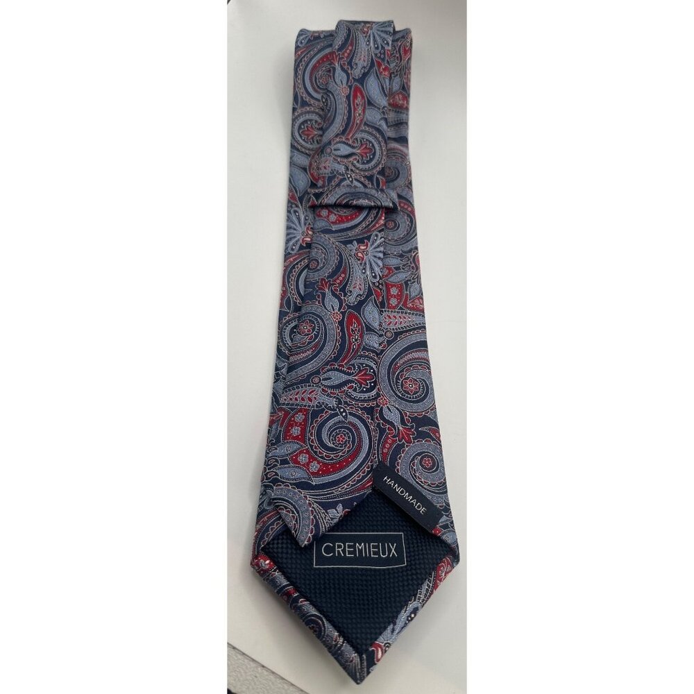 DANIEL CREMIEUX Men's 100% Silk Handmade Paisley Tie Navy Blue Red White - Picture 4 of 4